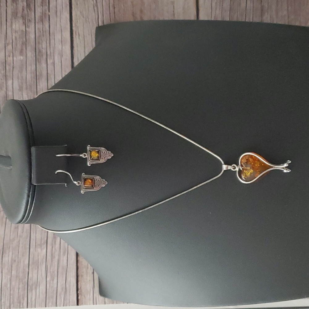 Sterling Silver 925 Amber Heart Necklace and Earrings
